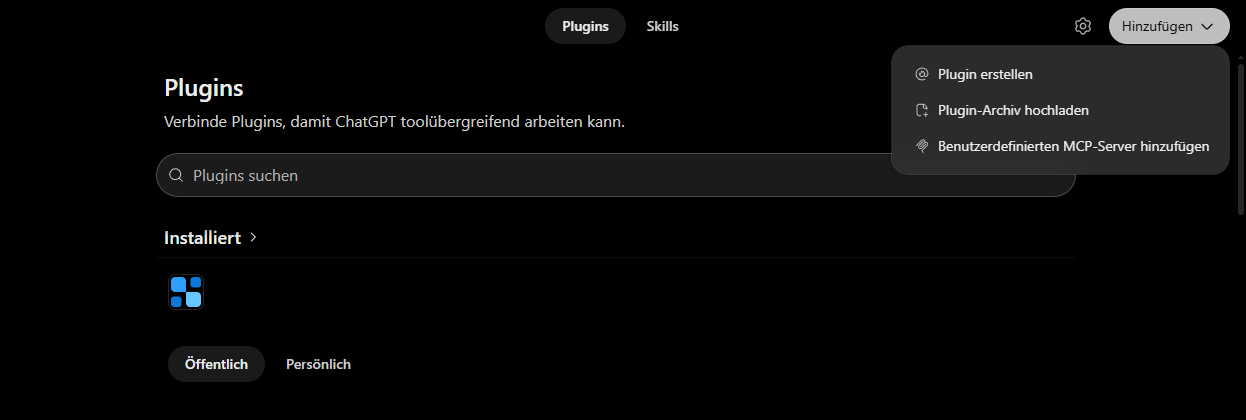 ChatGPT: Menü Hinzufügen mit dem Eintrag Benutzerdefinierten MCP-Server hinzufügen