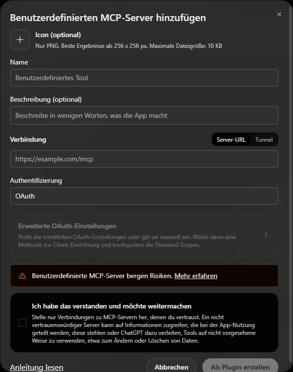 ChatGPT: Dialog Benutzerdefinierten MCP-Server hinzufügen mit Name, Server-URL und Authentifizierung OAuth